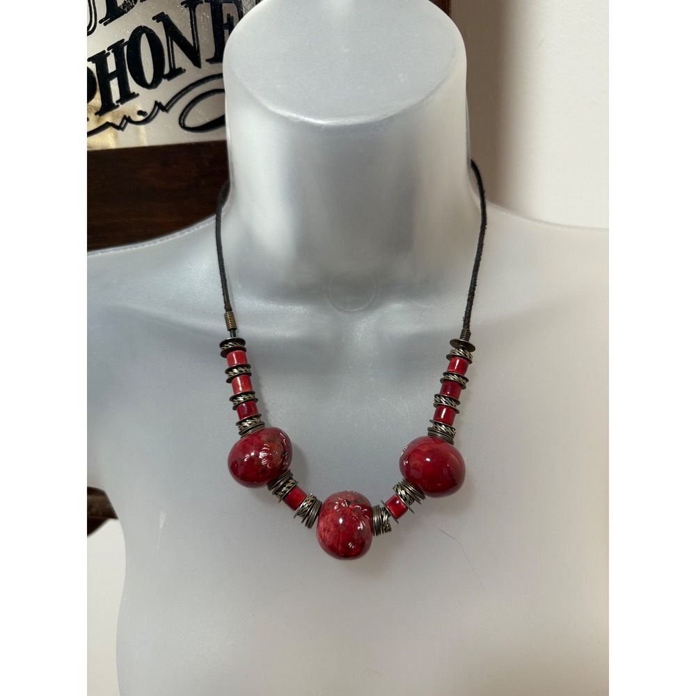 Statement Necklace Womens Vintage Red Excellent Vintage Artisan Brass Bead‎